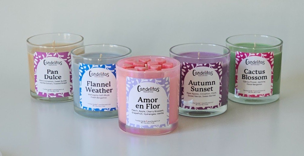 Candelitas candle lineup with Pan Dulce, Flannel Weather, Amor en Flor, Autumn Sunset, and Cactus Blossom